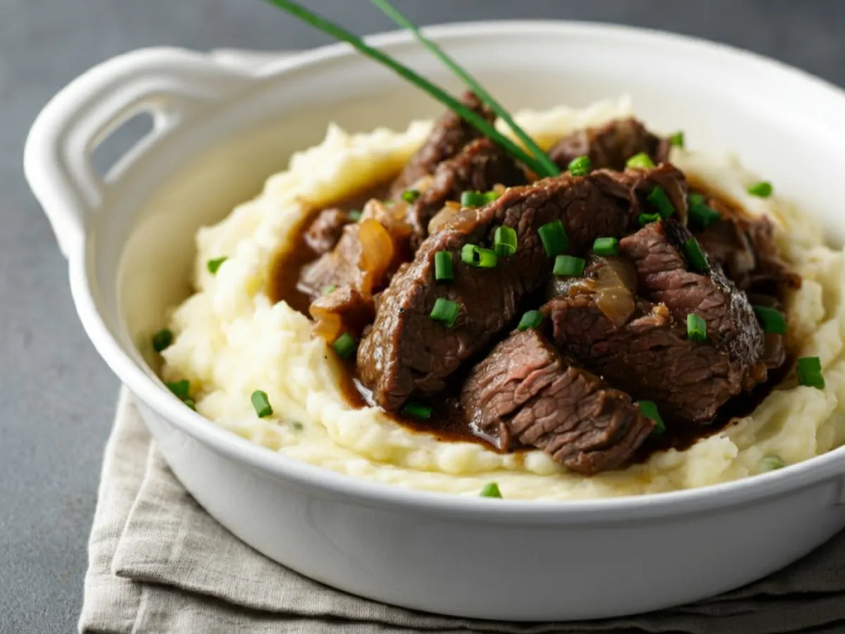 Brasied Beef Tips with Garlic Mashed Potatoes