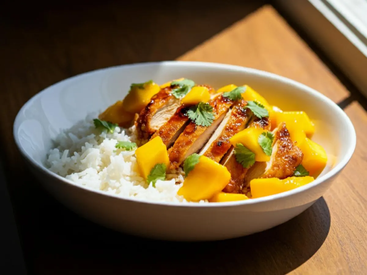 (NO GARLIC OR ONION) Mango Chicken Stir Fry with White Rice (NO GARLIC OR ONION) Mango Chicken Stir Fry with White Rice