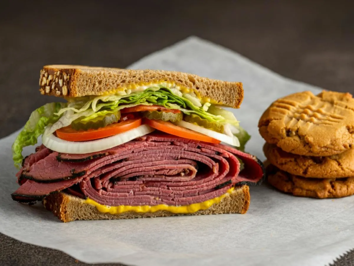 Hot Pastrami Sub on Whole Grain Wheat Bread and a Peanut Butter Cookie Hot Pastrami Sub on Whole Grain Wheat Bread and a Peanut Butter Cookie