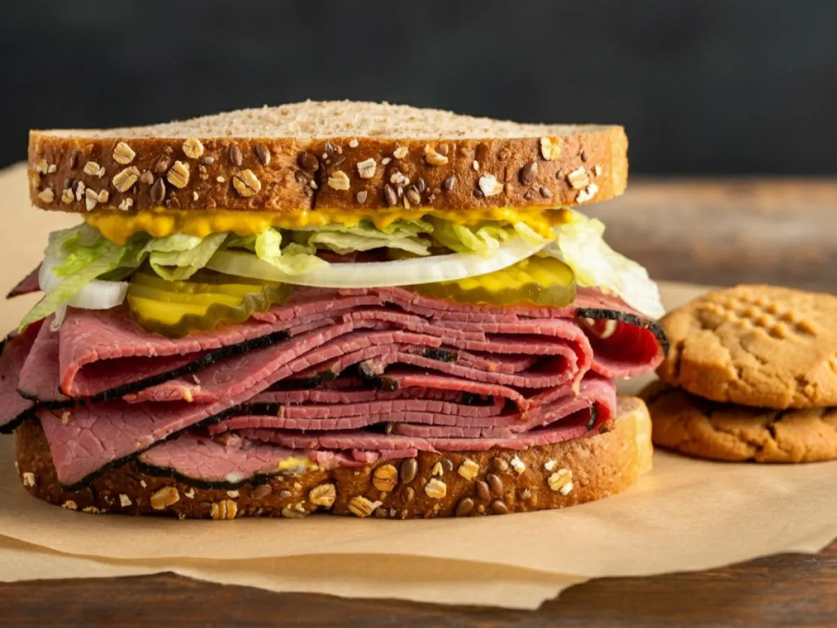 Hot Pastrami on Whole Grain Wheat Bread & a Peanut Butter Cookie (No Tomatoes) Hot Pastrami on Whole Grain Wheat Bread & a Peanut Butter Cookie (No Tomatoes)