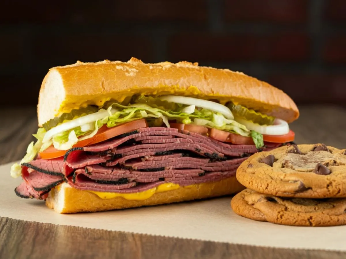 Hot Pastrami Sub on Parmesan Bread and a Chocolate Chip Cookie (No Tomatoes) Hot Pastrami Sub on Parmesan Bread and a Chocolate Chip Cookie (No Tomatoes)