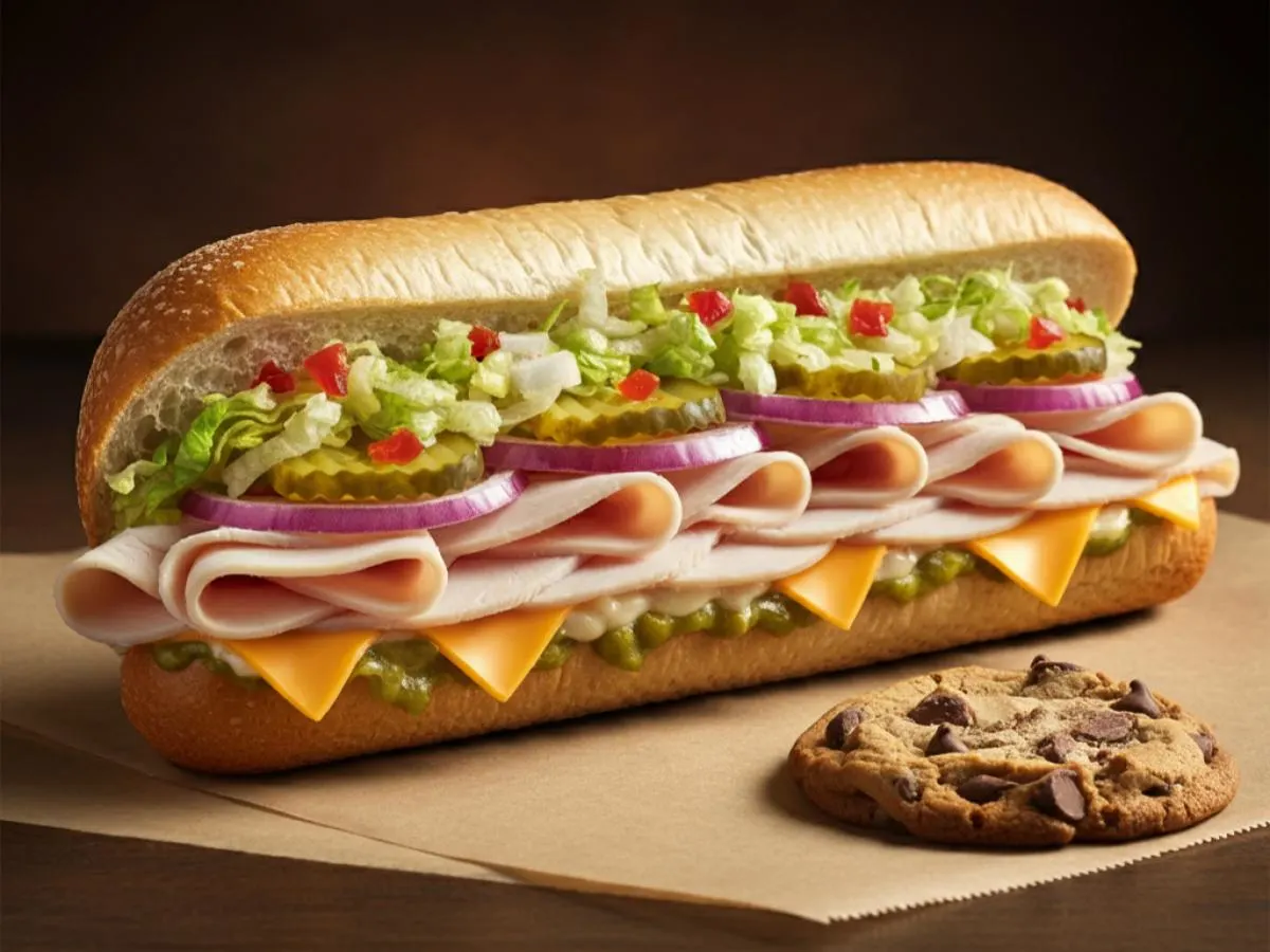 Turkey & Cheddar Sub on White Bread with a Chocolate Chip Cookie (No Tomatoes) Turkey & Cheddar Sub on White Bread with a Chocolate Chip Cookie (No Tomatoes)