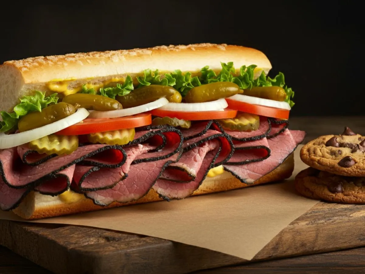 Hot Pastrami Sub on Parmesan Bread and a Chocolate Chip Cookie Hot Pastrami Sub on Parmesan Bread and a Chocolate Chip Cookie