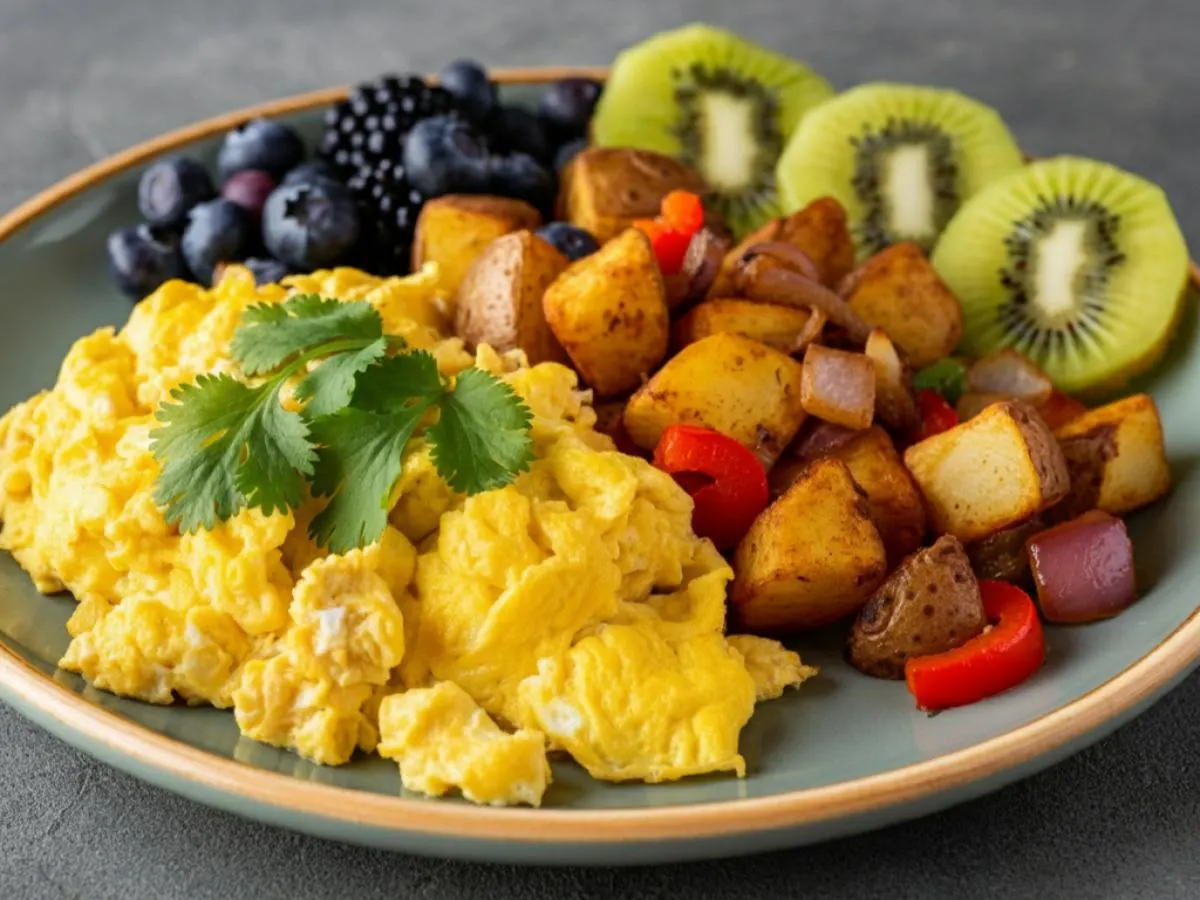 Vegan Scrambled Eggs with Breakfast Potatoes and Fresh Fruit(On Side)