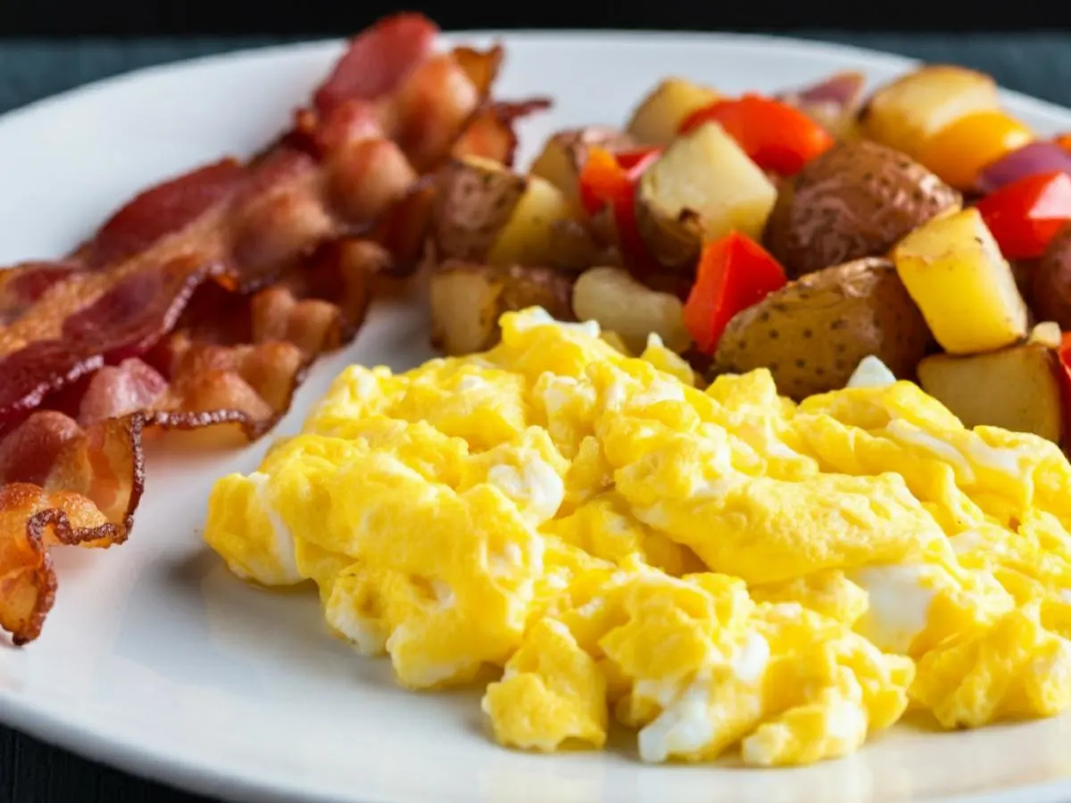 Scrambled Eggs, Breakfast Potatoes, Bacon