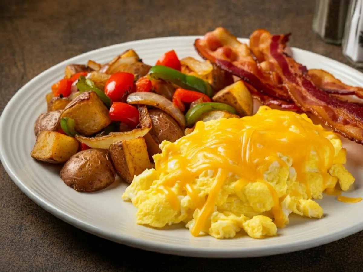 Scrambled Eggs with Cheddar Cheese, Breakfast Potatoes, Bacon