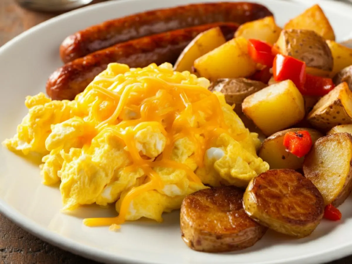 Scrambled Eggs with Cheddar Cheese, Breakfast Potatoes, Chicken Sausage