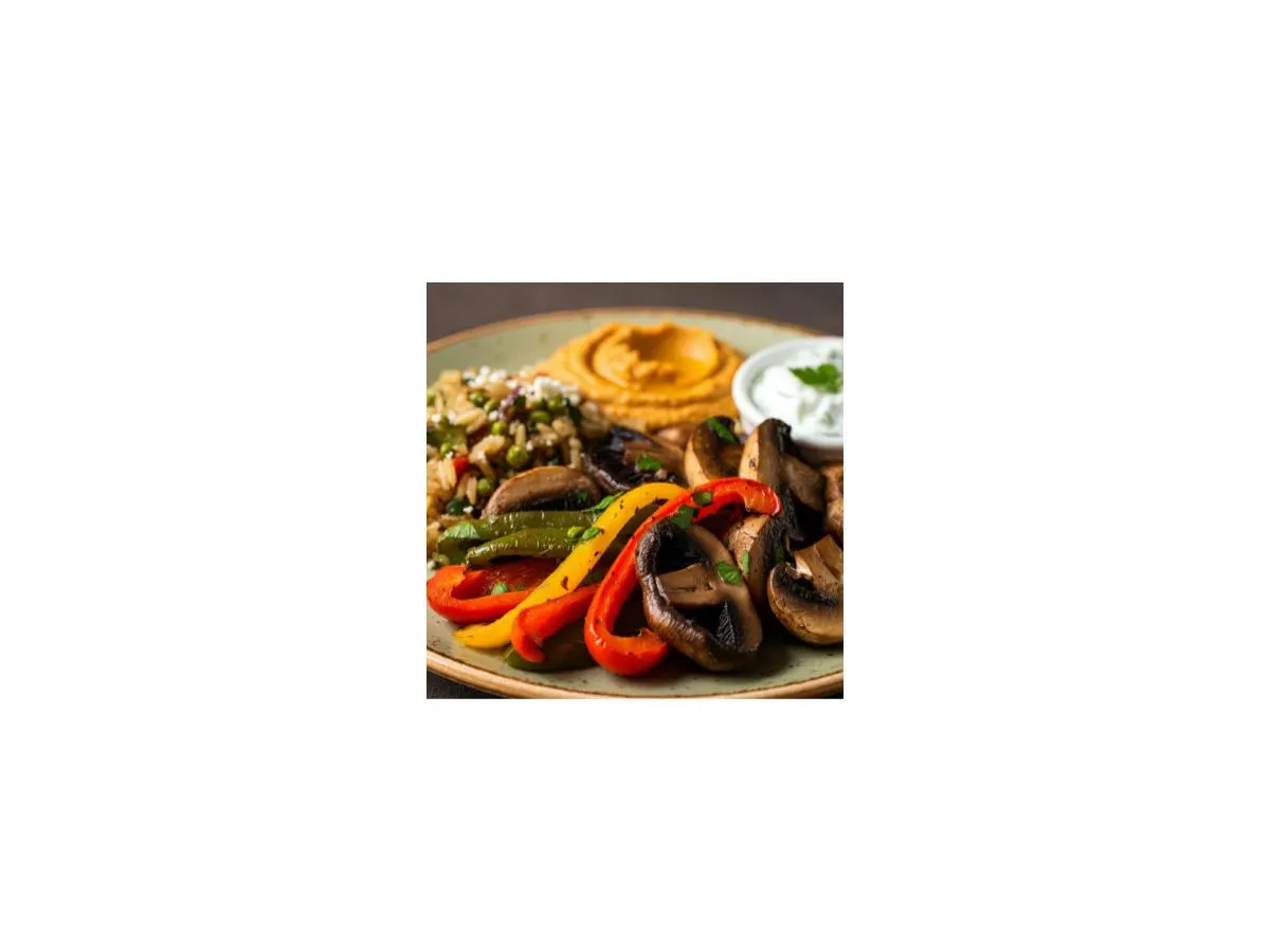 Mediterranean Portabello & Peppers | Red Pepper Hummus | Tzatziki Mediterranean Portabello & Peppers | Red Pepper Hummus | Tzatziki