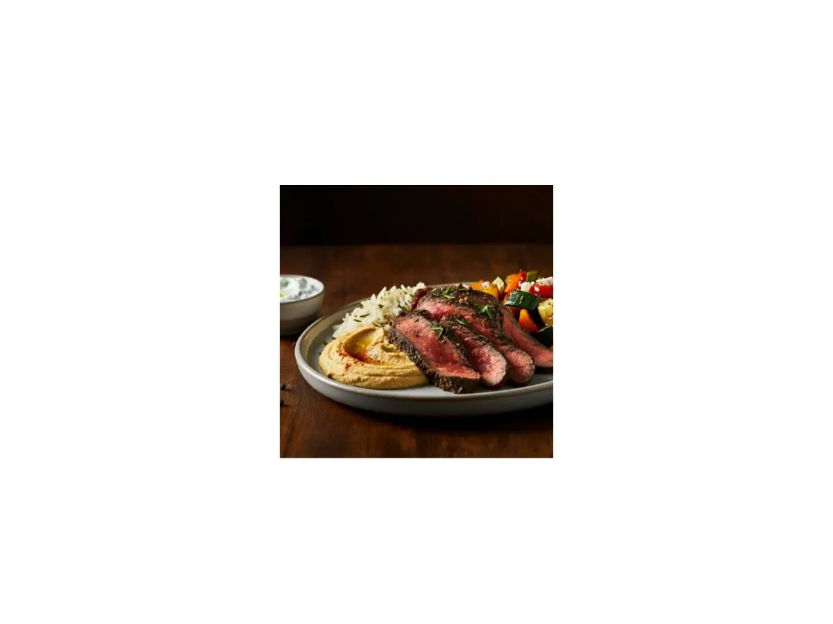 Mediterranean Beef | Red Pepper Hummus | Tzatziki Mediterranean Beef | Red Pepper Hummus | Tzatziki