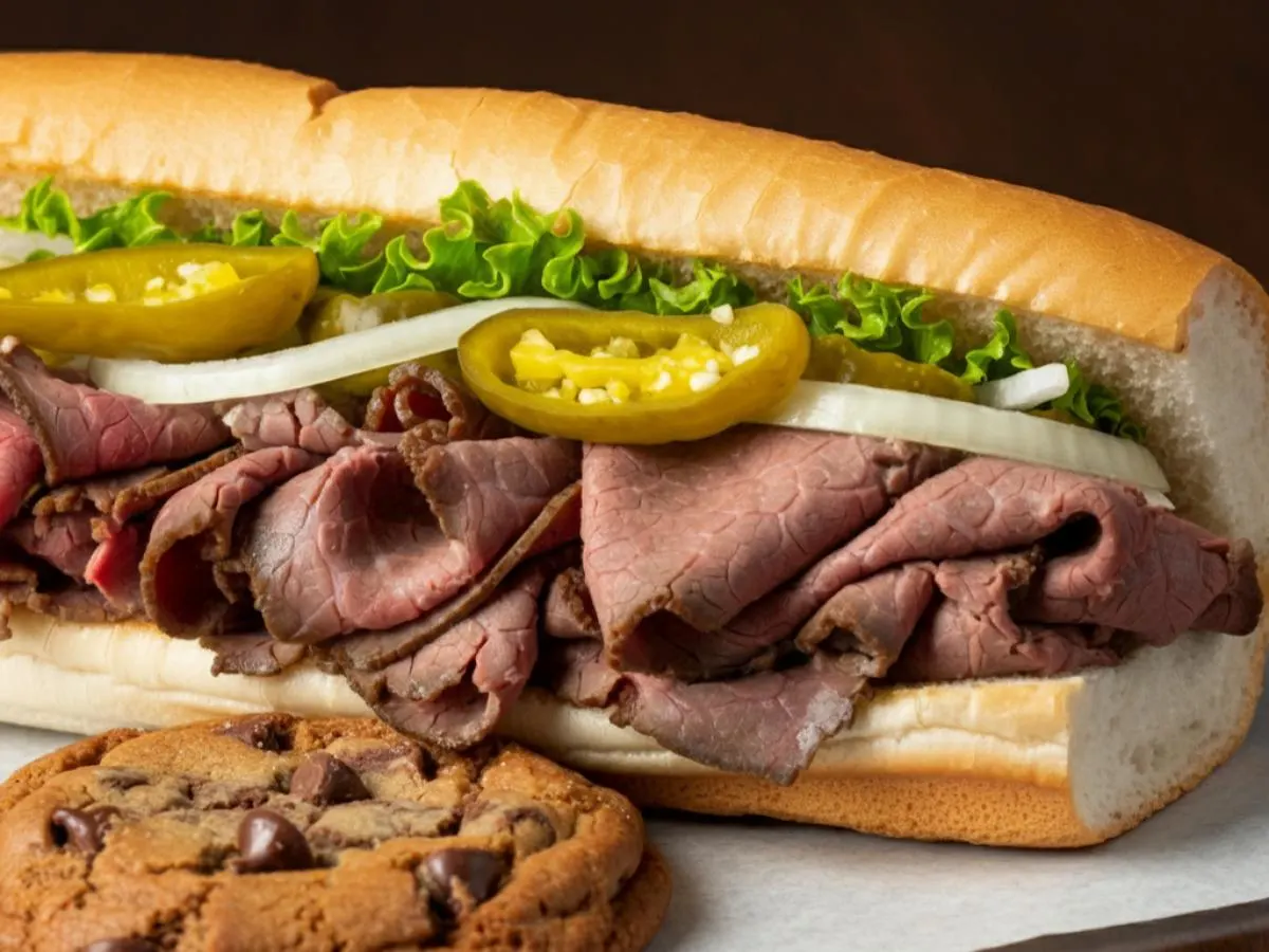 Roast Beef Sub on White Bread and a Chocolate Chip Cookie (No Tomatoes) Roast Beef Sub on White Bread and a Chocolate Chip Cookie (No Tomatoes)