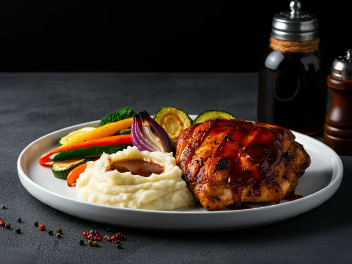 BBQ Chicken with Roasted Veggies and Mashed Potatoes