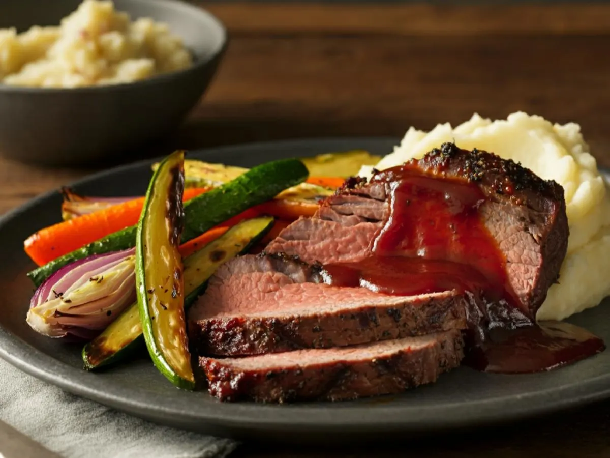 BBQ Tri Tip with Roasted Veggies and Mashed Potatoes
