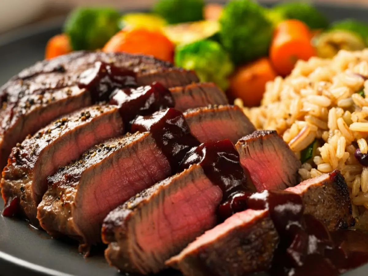 Tri Tip in a Red Wine Sauce served with Roasted Veggies and Rice Pilaf