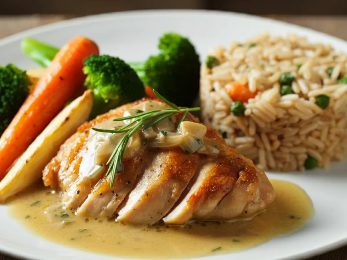 Chicken in a White Wine Sauce with Roasted Veggies and Rice Pilaf
