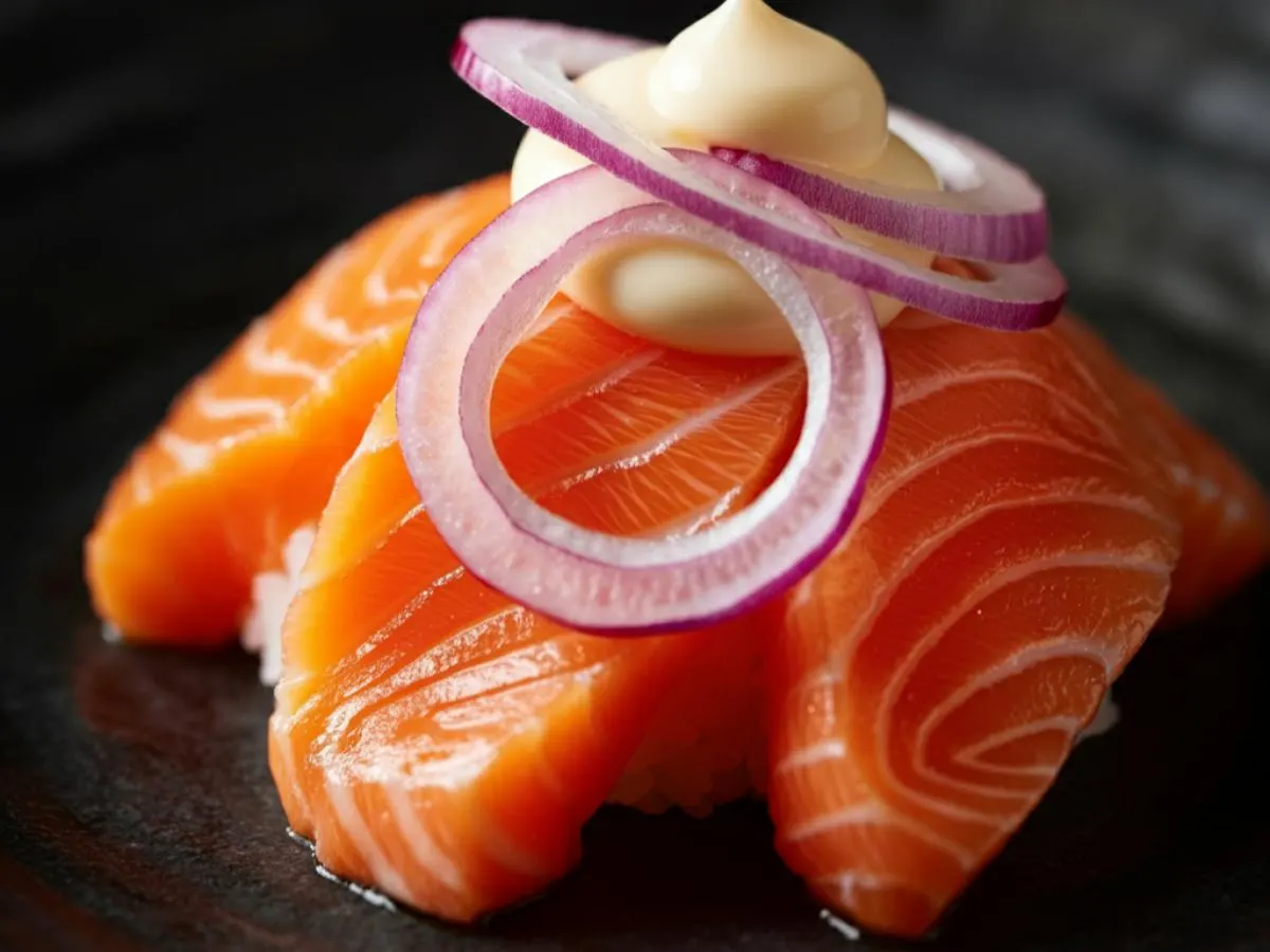 Fresh Salmon with Onion and Mayo - Sashimi Fresh Salmon with Onion and Mayo - Sashimi