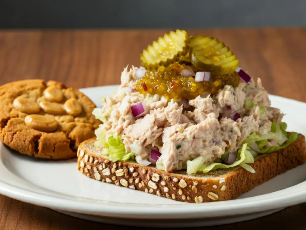Albacore Tuna on Whole Grain Wheat Bread & a Peanut Butter Cookie (No Tomatoes) Albacore Tuna on Whole Grain Wheat Bread & a Peanut Butter Cookie (No Tomatoes)