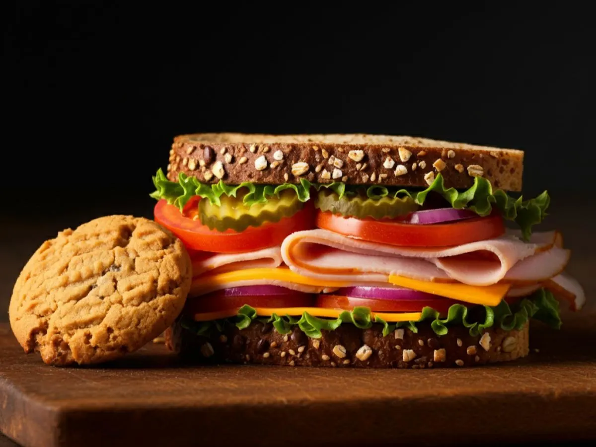 Turkey and Cheddar Sub on Whole Grain Wheat Bread with a Peanut Butter Cookie Turkey and Cheddar Sub on Whole Grain Wheat Bread with a Peanut Butter Cookie