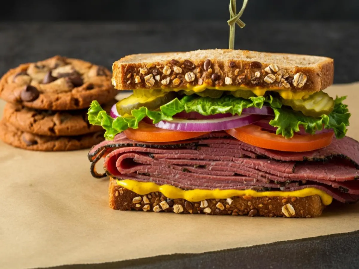Hot Pastrami Sub on Whole Grain Wheat Bread and a Chocolate Chip Cookie Hot Pastrami Sub on Whole Grain Wheat Bread and a Chocolate Chip Cookie