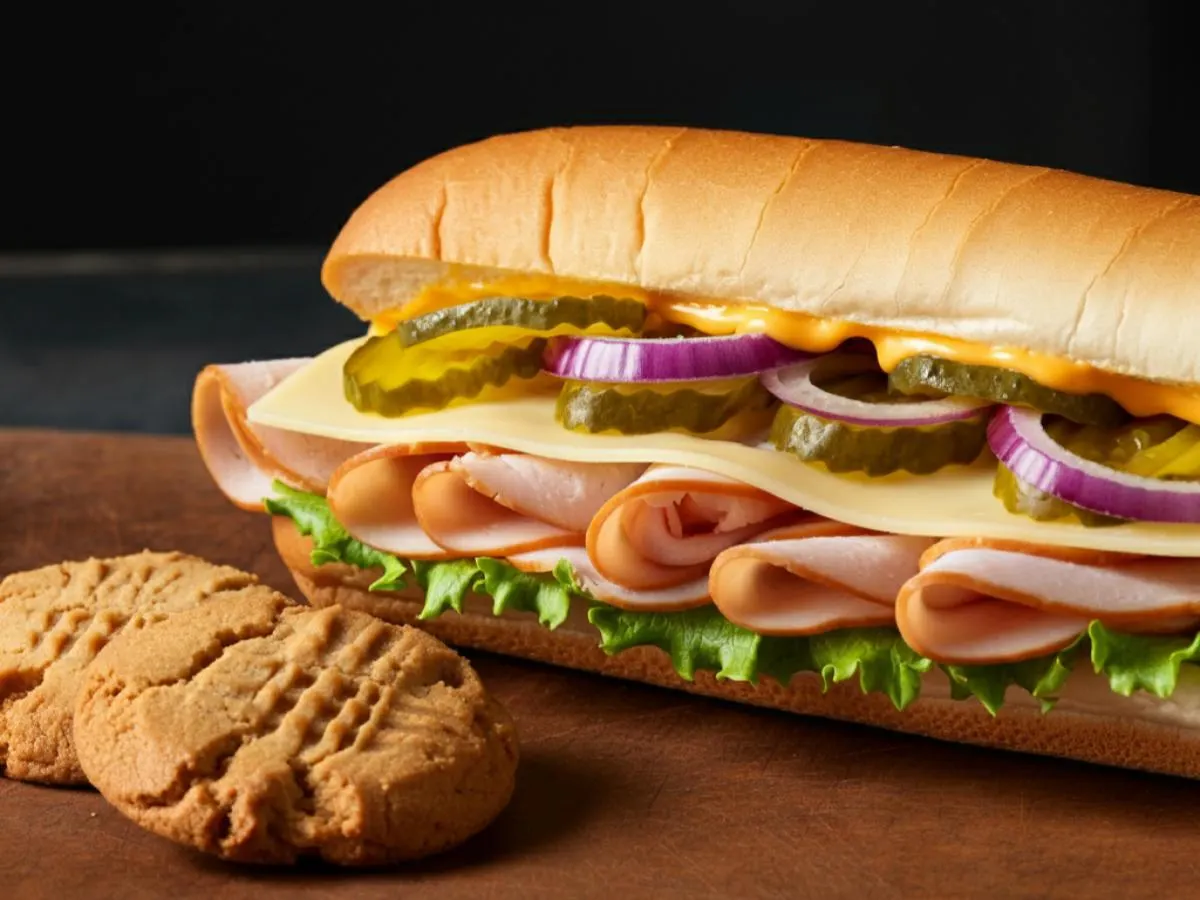 Turkey and Cheddar Sub on White Bread with a Peanut Butter Cookie (No Tomatoes) Turkey and Cheddar Sub on White Bread with a Peanut Butter Cookie (No Tomatoes)