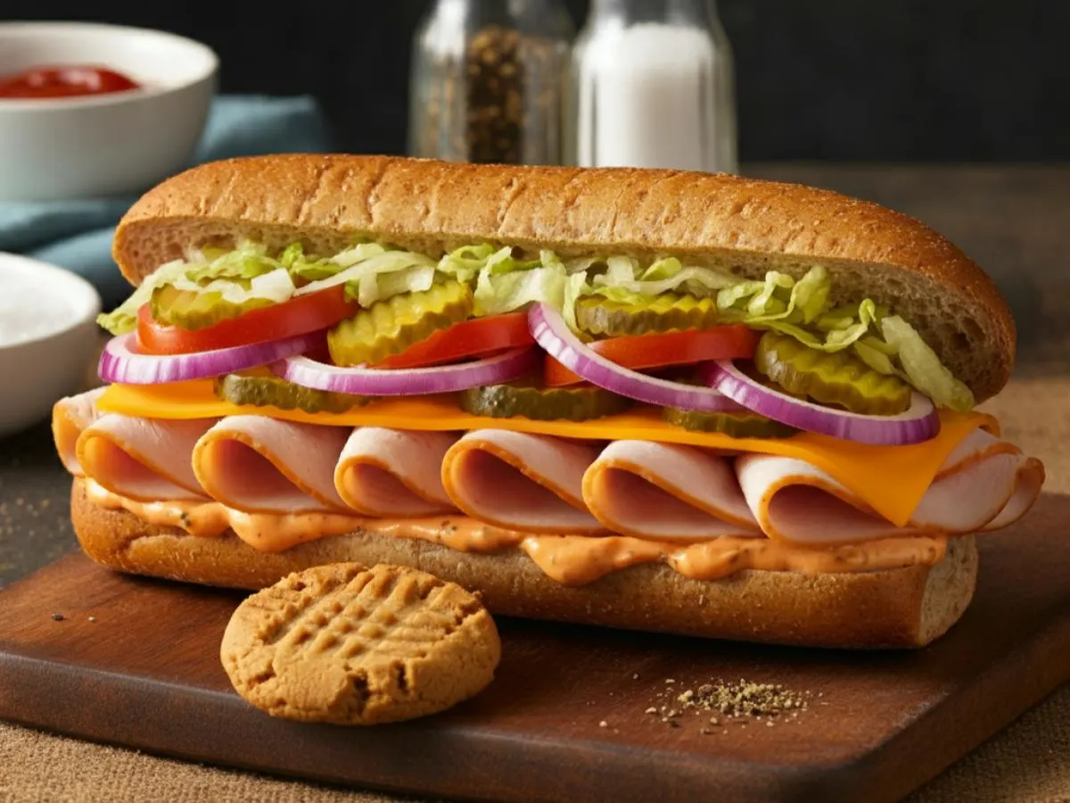 Turkey & Cheddar Sub on Whole Grain Wheat & Peanut Butter Cookie (No Tomatoes) Turkey & Cheddar Sub on Whole Grain Wheat & Peanut Butter Cookie (No Tomatoes)