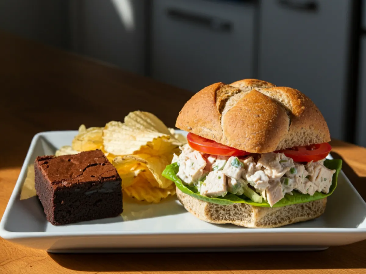 GF Chicken Salad Sandwich with Potato Chips and a GF Brownie