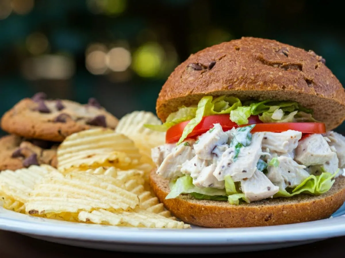 GF Chicken Salad Sandwich with Potato Chips and a GF Cookie
