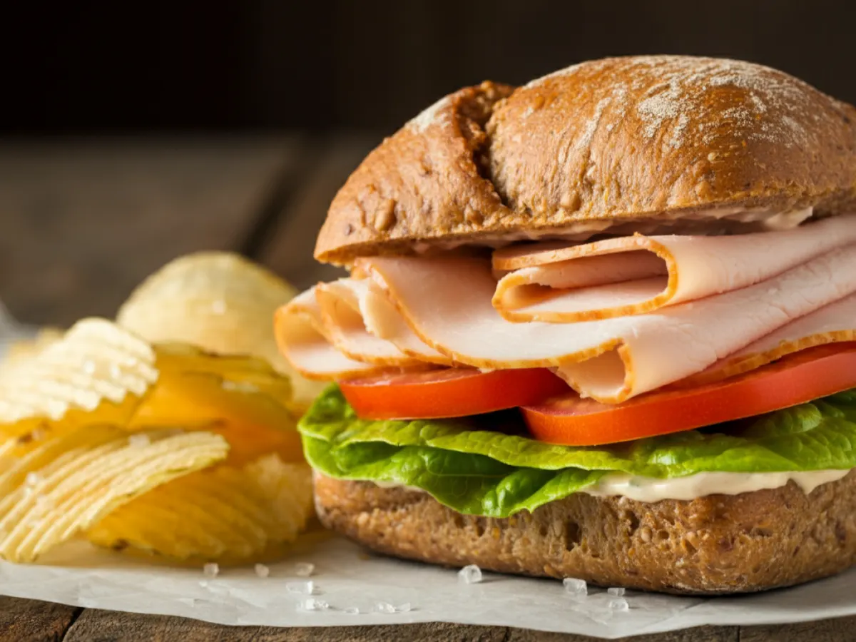 GF Turkey Sandwich with Potato Chips and a GF Brownie