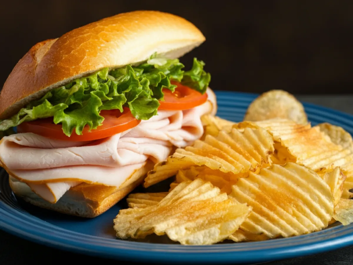Turkey Sandwich with Potato Chips and a Cookie