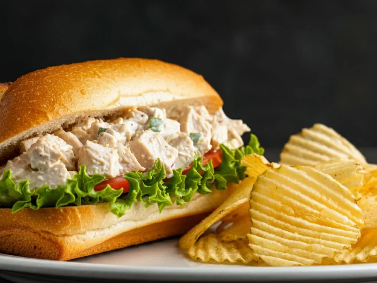 Chicken Salad Sandwich with Potato Chips and a Brownie