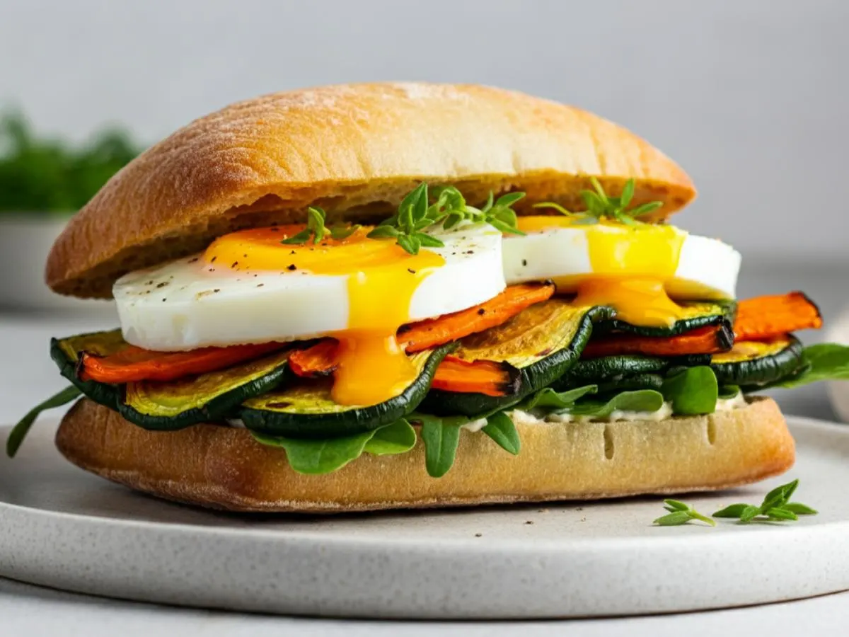 Vegan Seasonal Vegetable & Egg Ciabatta Breakfast Sandwich Vegan Seasonal Vegetable & Egg Ciabatta Breakfast Sandwich
