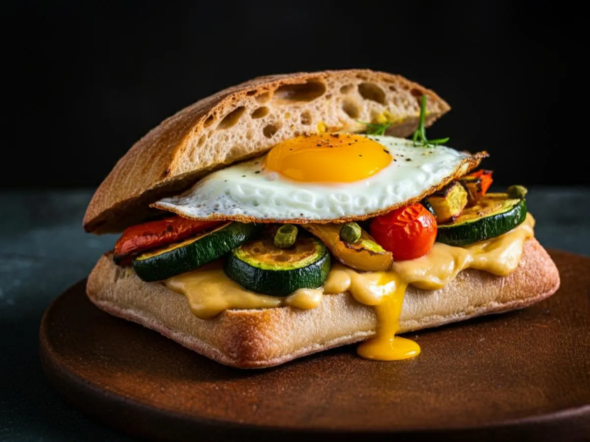 Vegan Seasonal Vegetable, Egg & Cheese Ciabatta Breakfast Sandwich Vegan Seasonal Vegetable, Egg & Cheese Ciabatta Breakfast Sandwich