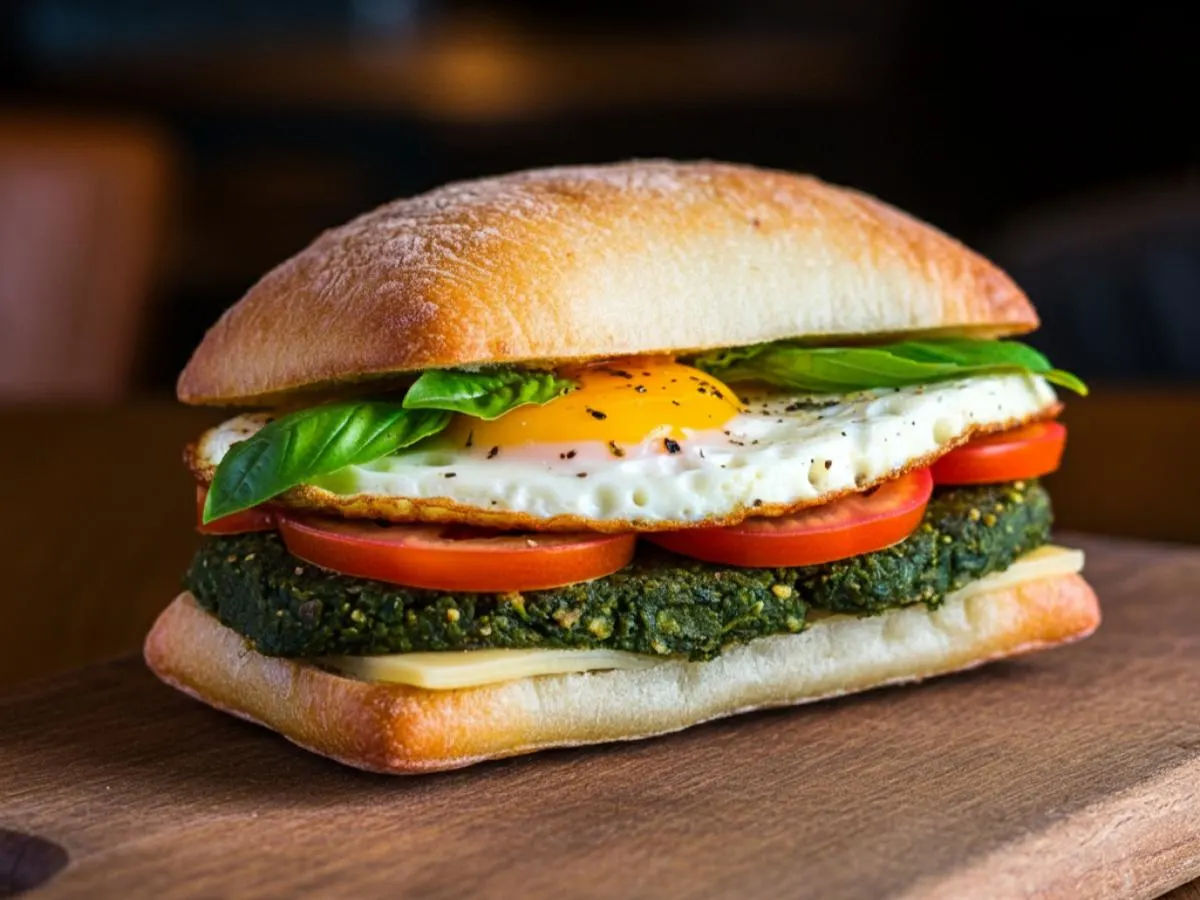 Vegan Tomato, Basil, Egg & Cheese Ciabatta Sandwich Vegan Tomato, Basil, Egg & Cheese Ciabatta Sandwich