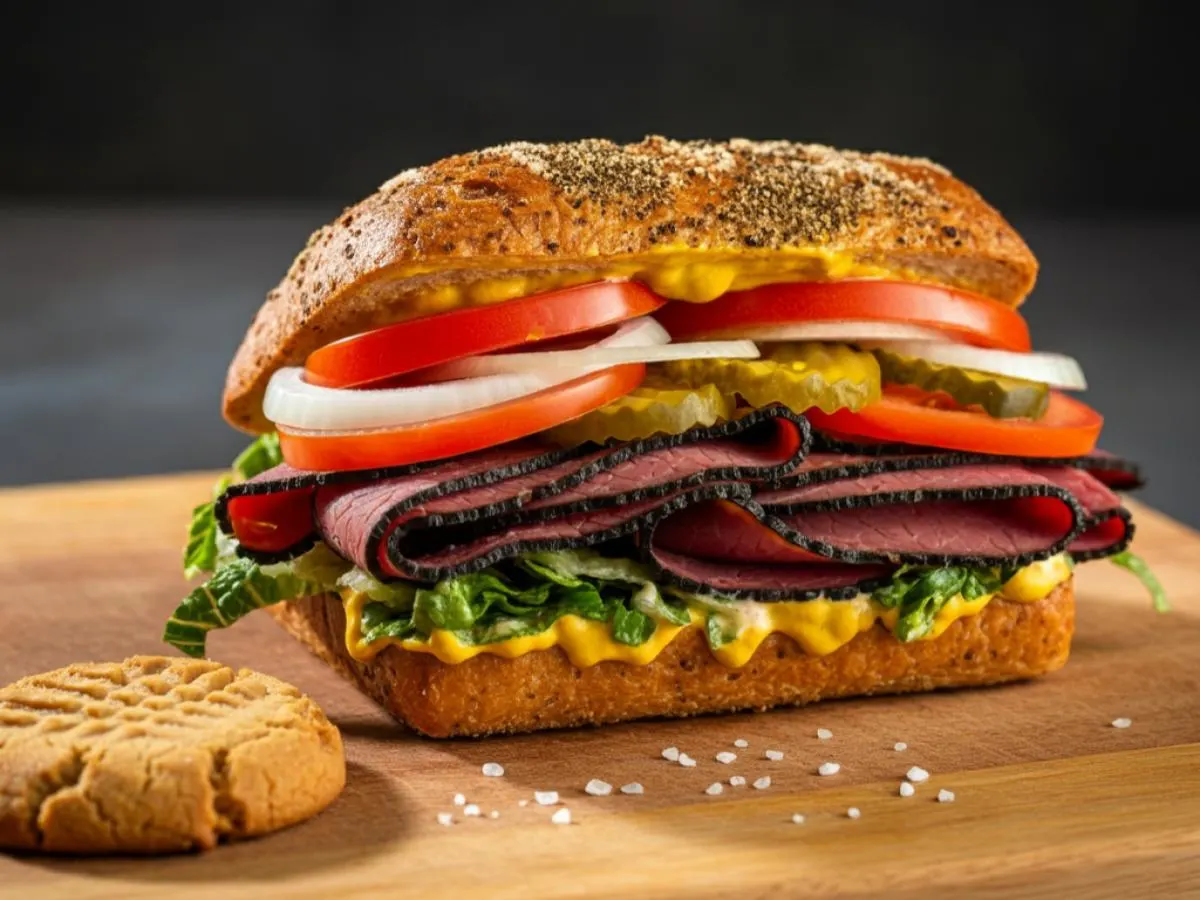 Hot Pastrami Sub on Parmesan Bread and a Peanut Butter Cookie Hot Pastrami Sub on Parmesan Bread and a Peanut Butter Cookie