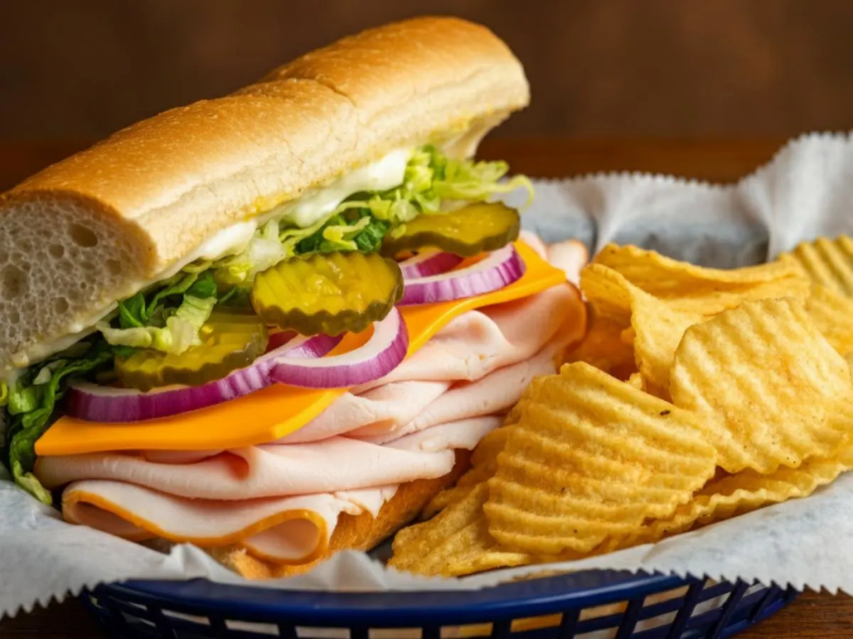 Turkey & Cheddar Sub on White Bread with Harvest Cheddar Sun Chips (No Tomatoes) Turkey & Cheddar Sub on White Bread with Harvest Cheddar Sun Chips (No Tomatoes)