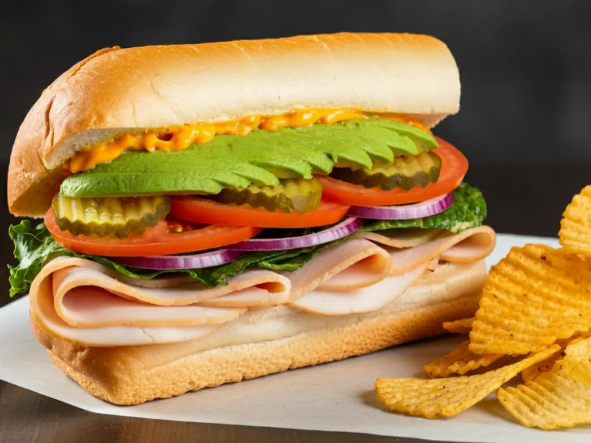 Turkey and Avocado Sub on White Bread with Harvest Cheddar Sun Chips Turkey and Avocado Sub on White Bread with Harvest Cheddar Sun Chips