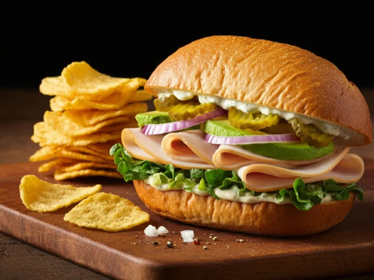 Turkey & Avocado Sub on White Bread with Harvest Cheddar Sun Chips (No Tomatoes) Turkey & Avocado Sub on White Bread with Harvest Cheddar Sun Chips (No Tomatoes)