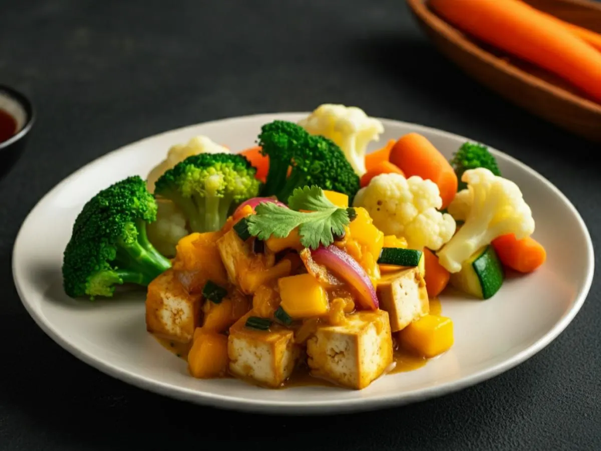 Light Carb Tropical Mango Tofu with Steamed Broccoli & Steamed Vegetables