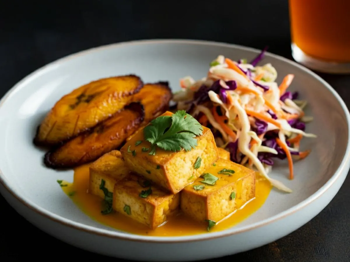 Tropical Mango Tofu with Sweet Plantains and Cabbage