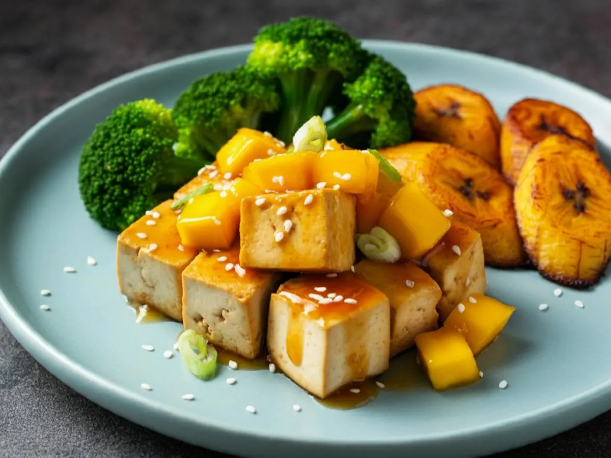 Tropical Mango Tofu with Sweet Plantains and Steamed Broccoli