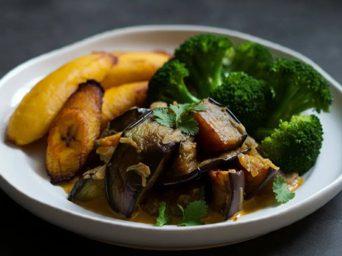 Vegan Roasted Eggplant in Coconut Sauce, Sweet Plantains & Steamed Broccoli
