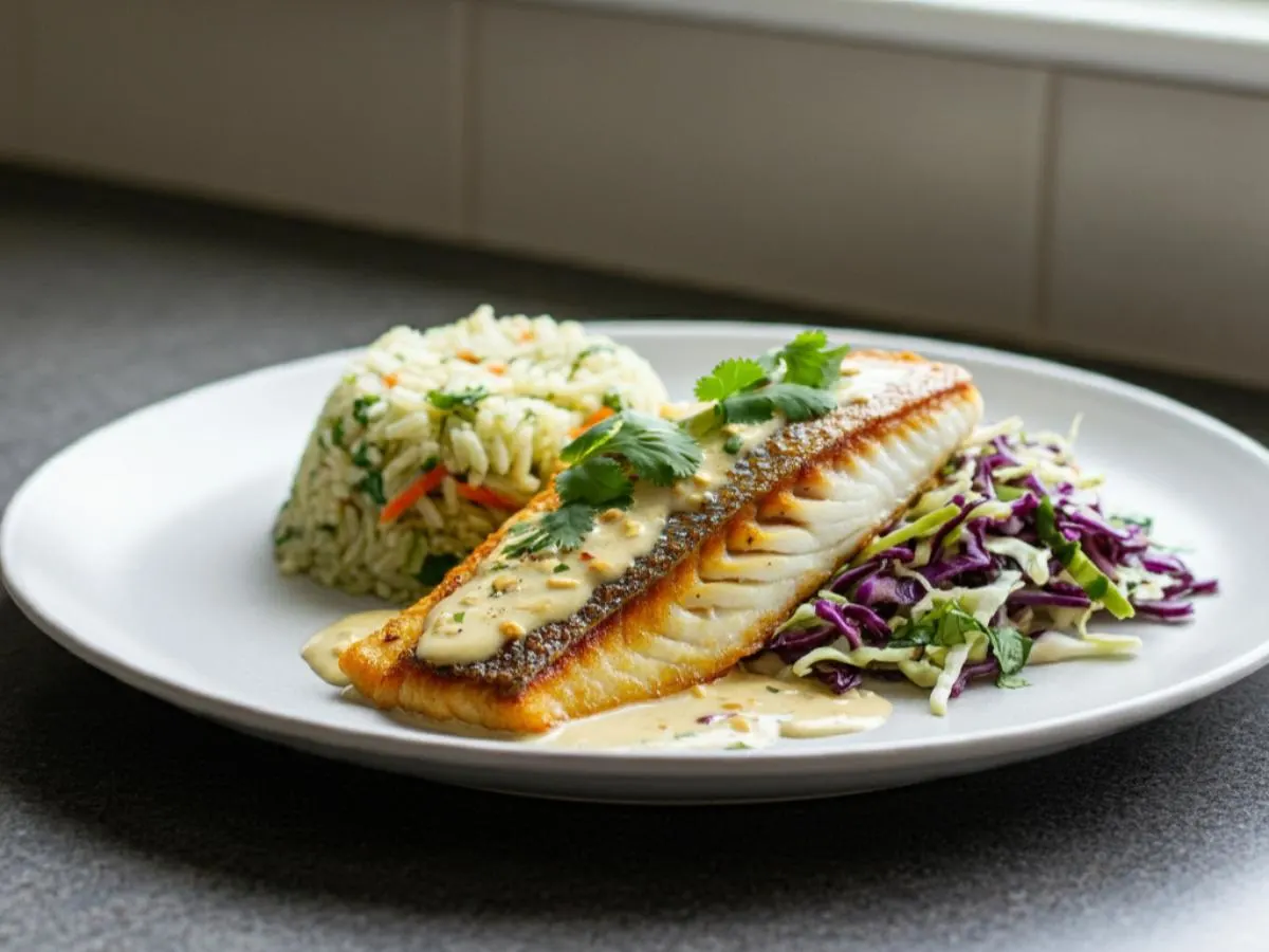 Tilapia with side of Coconut Sauce with Cilantro-Lime Rice and Cabbage