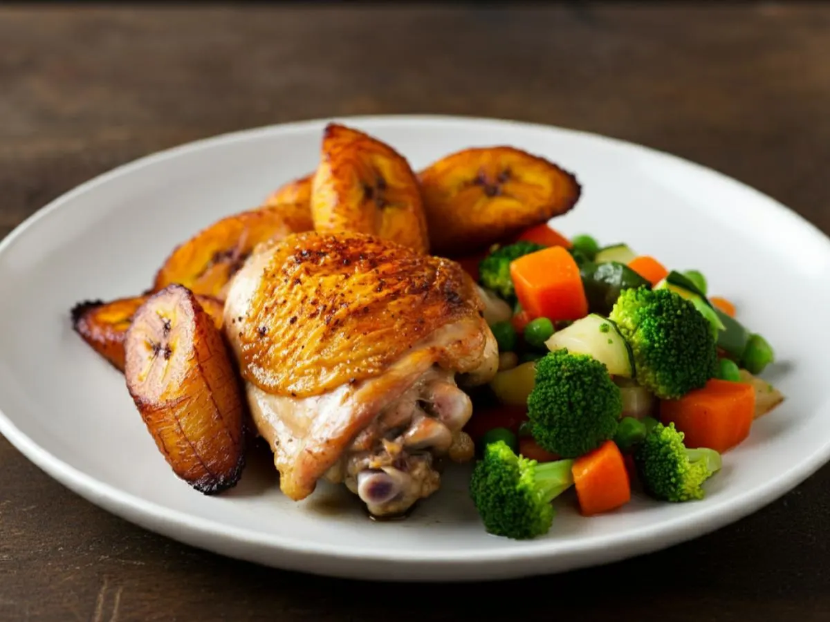 Oven Roasted Chicken with Sweet Plantains and Steamed Seasonal Vegetables