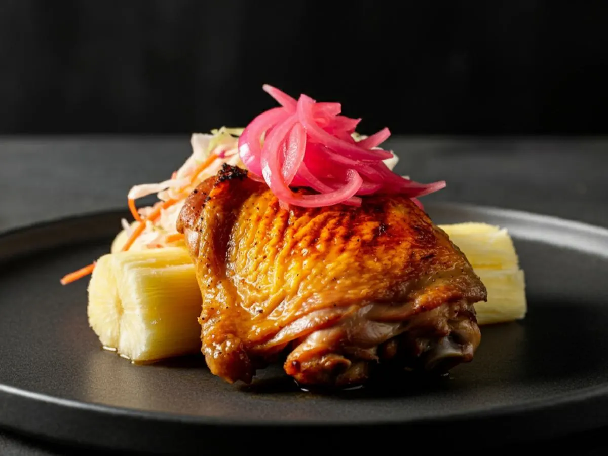 Oven Roasted Chicken with Yuca with Pickled Red Onions and Cabbage