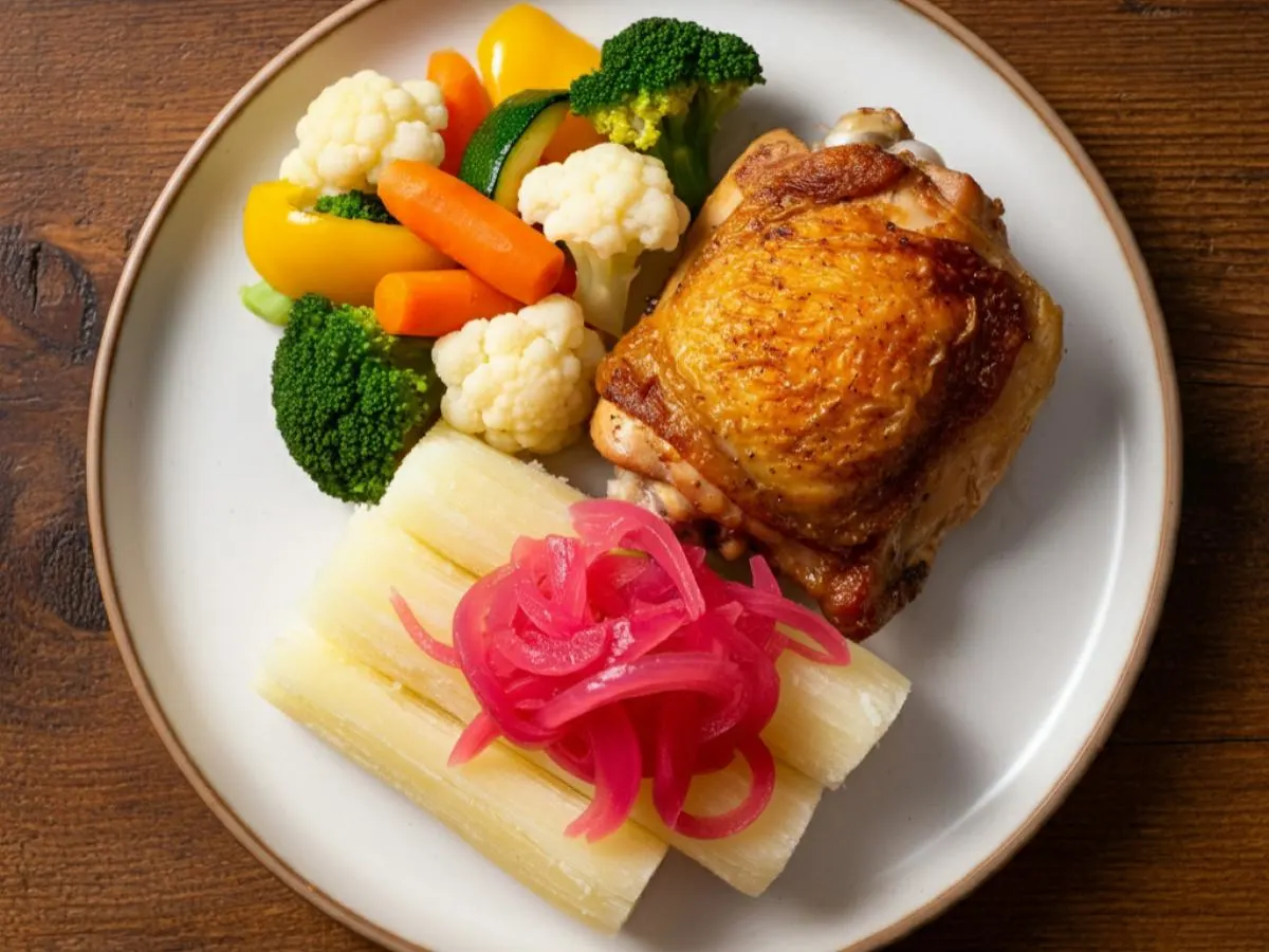 Oven Roasted Chicken with Yuca with Pickled Red Onions & Steamed Vegetables
