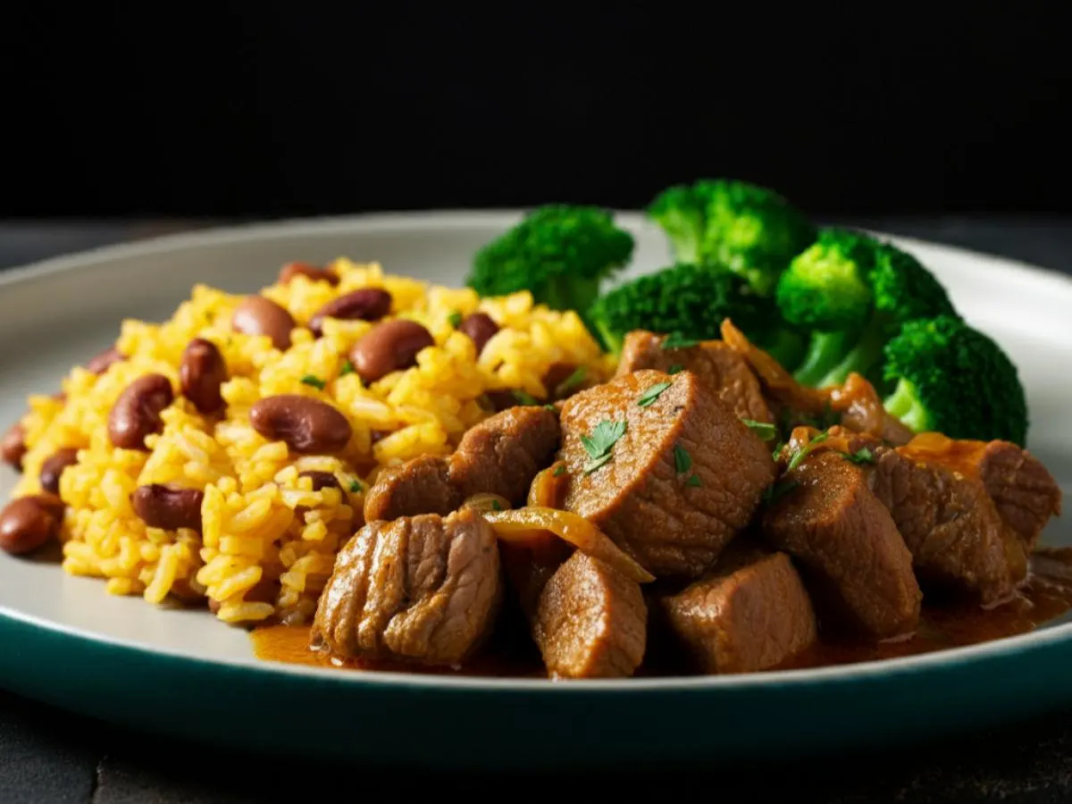 Stewed Pork with Yellow Rice Mixed with Pinto Beans and Steamed Broccoli