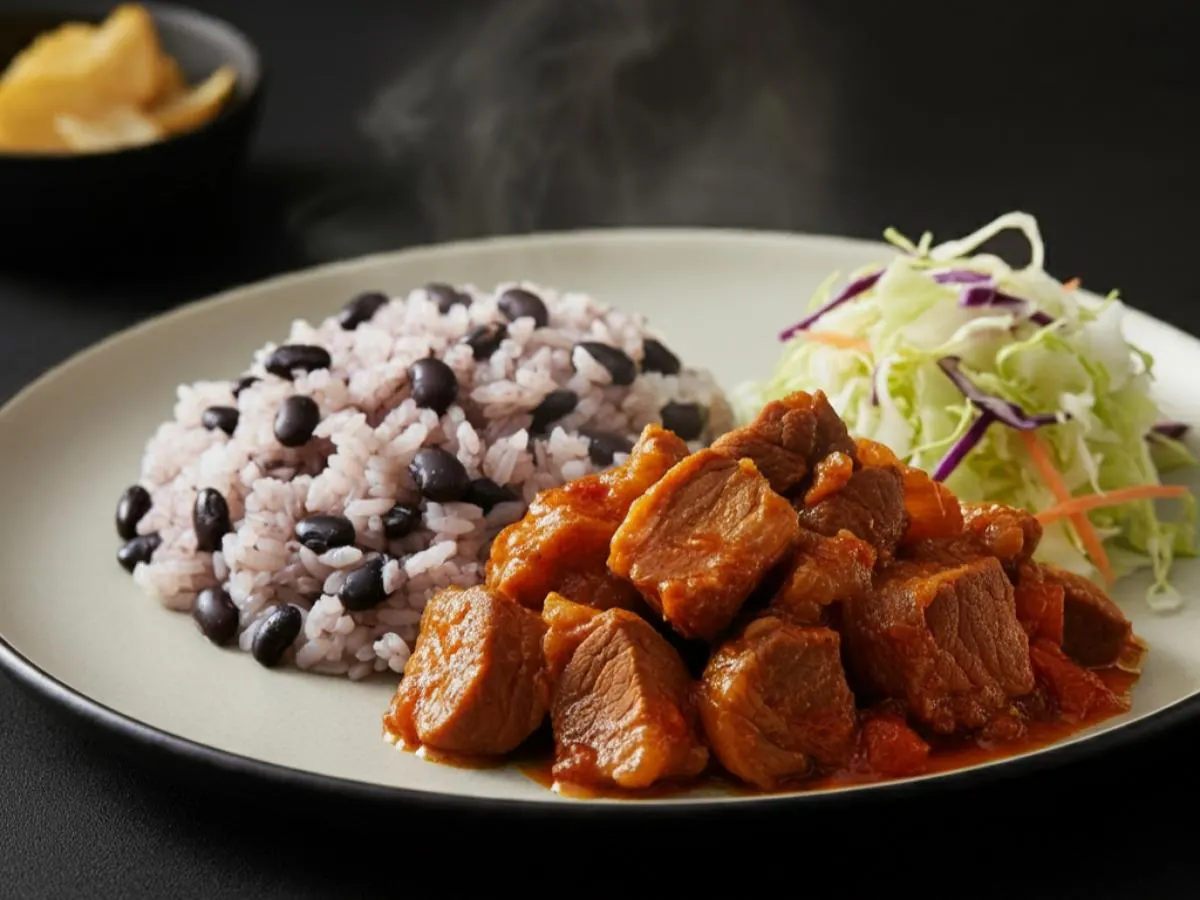 Stewed Pork with White Rice Mixed with Black Beans and Cabbage