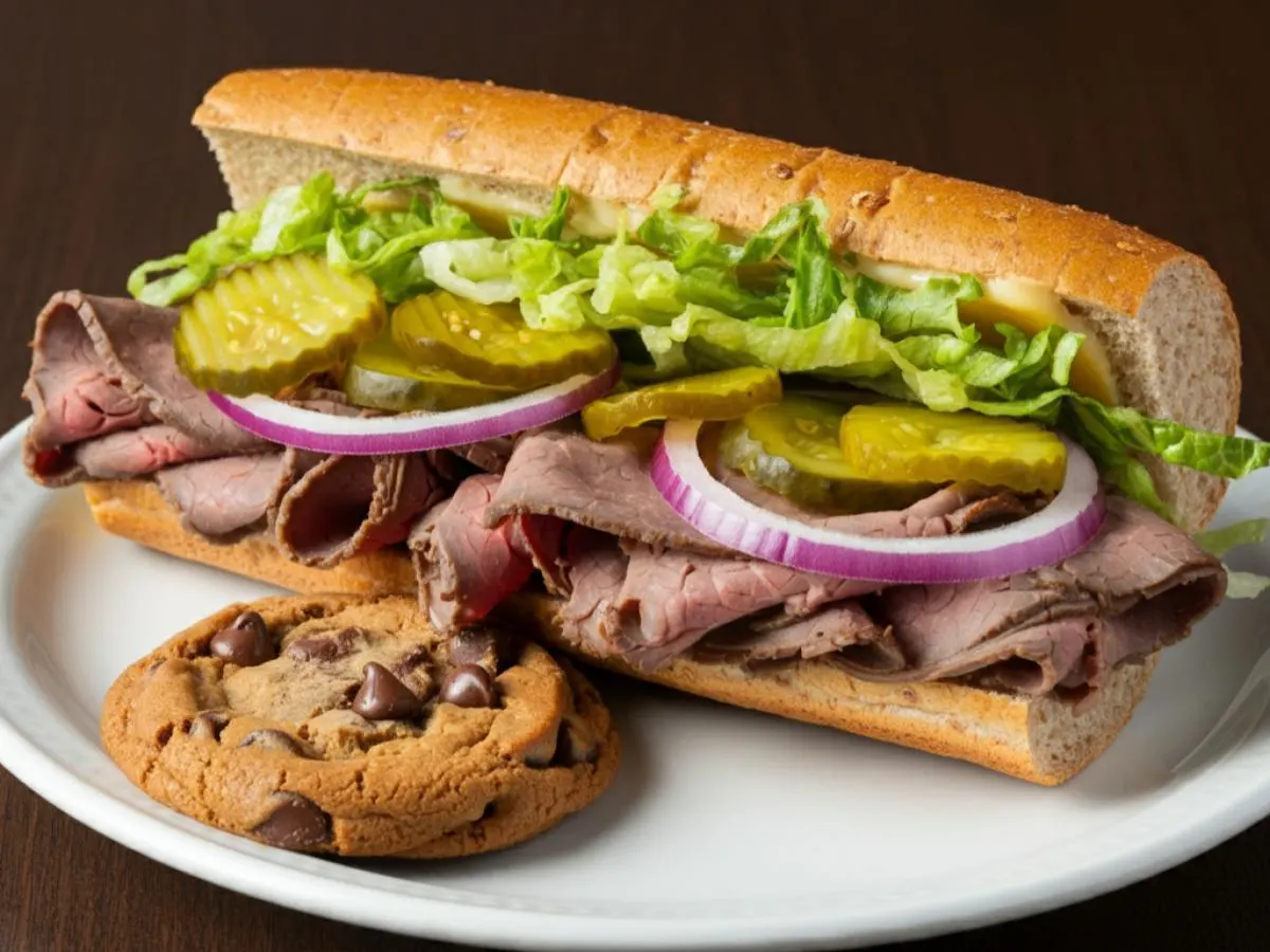 Roast Beef Sub on Whole Grain Wheat Bread & Chocolate Chip Cookie (No Tomatoes) Roast Beef Sub on Whole Grain Wheat Bread & Chocolate Chip Cookie (No Tomatoes)