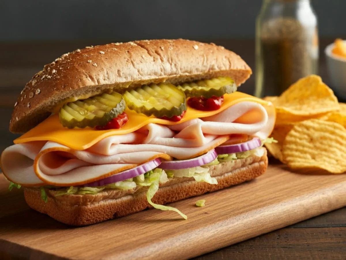 Turkey & Cheddar Sub on Whole Grain Wheat, Harvest Cheddar Sun Chips(No Tomatoes) Turkey & Cheddar Sub on Whole Grain Wheat, Harvest Cheddar Sun Chips(No Tomatoes)