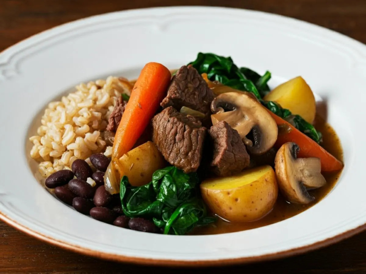 Beef Stew with Brown Rice and Black Beans and Sautéed Spinach Beef Stew with Brown Rice and Black Beans and Sautéed Spinach