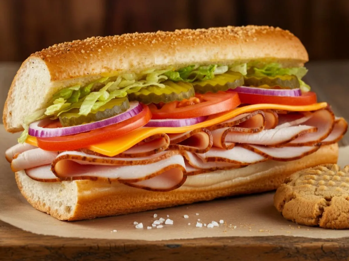 Turkey and Cheddar Sub on Parmesan Bread with a Peanut Butter Cookie Turkey and Cheddar Sub on Parmesan Bread with a Peanut Butter Cookie